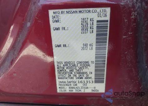 2016 Nissan Altima 2.5 Sr из США, поврежденный, VIN 1N4AL3AP3GC161353